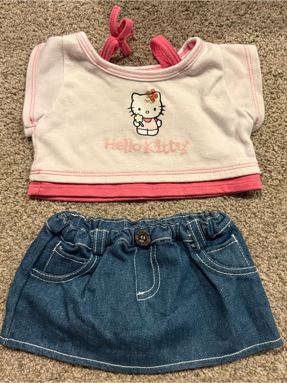 Build a Bear Hello Kitty White pink Shirt & Denim Skirt Outfit
